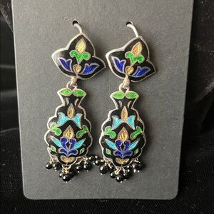 Silver Outlined Black, Green, & Blue Enamel Pierced Earrings